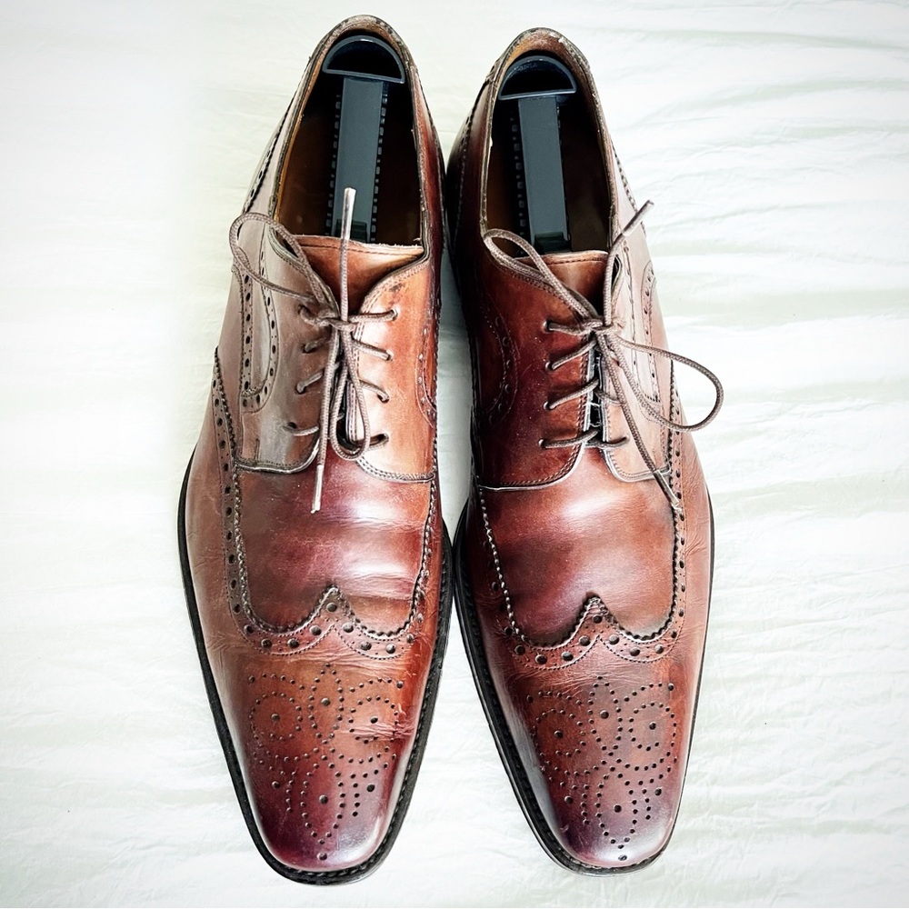 🤎 MAGNANNI~ Men's Wingtip BROWN All Leather Dress Shoes US 10.5